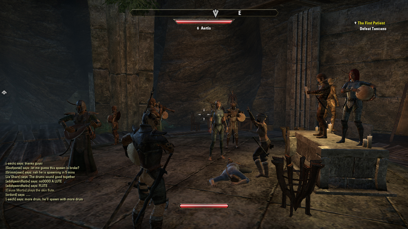 I'm Ja'Gharz, the Khajiit at front left who appears to be wearing buttless chaps (I'M NOT).