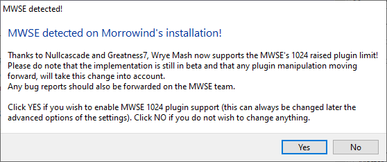 Wrye Mash MWSE 1024 Plugin Support Message